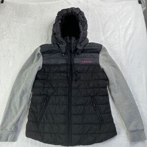 Noize Black Puffer Jacket with Gray Sleeves and Pink Logo